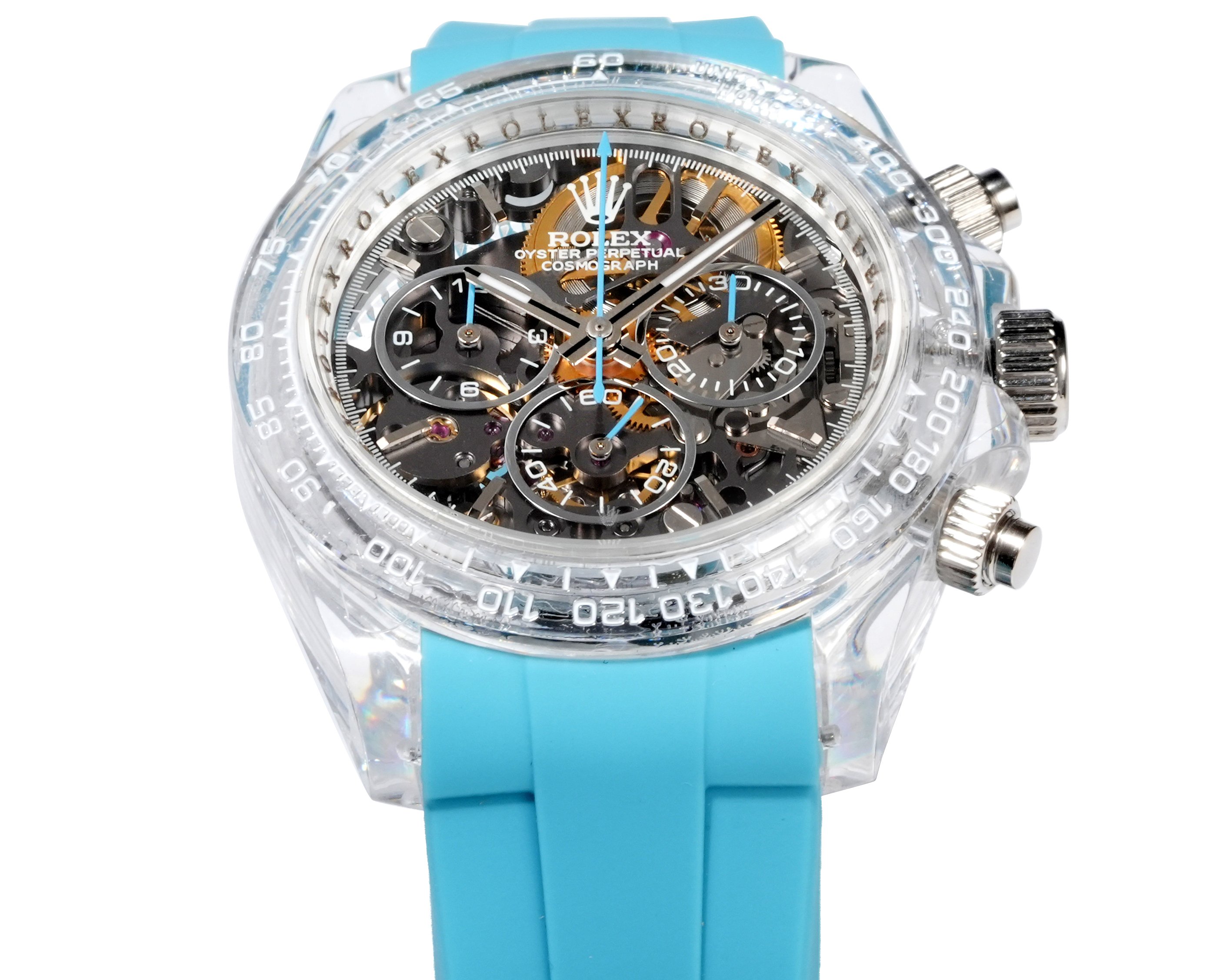 Rolex Cosmograph Daytona transparent case and bezel, skeleton dial, turquoise rubber strap 40mm Men's Automatic