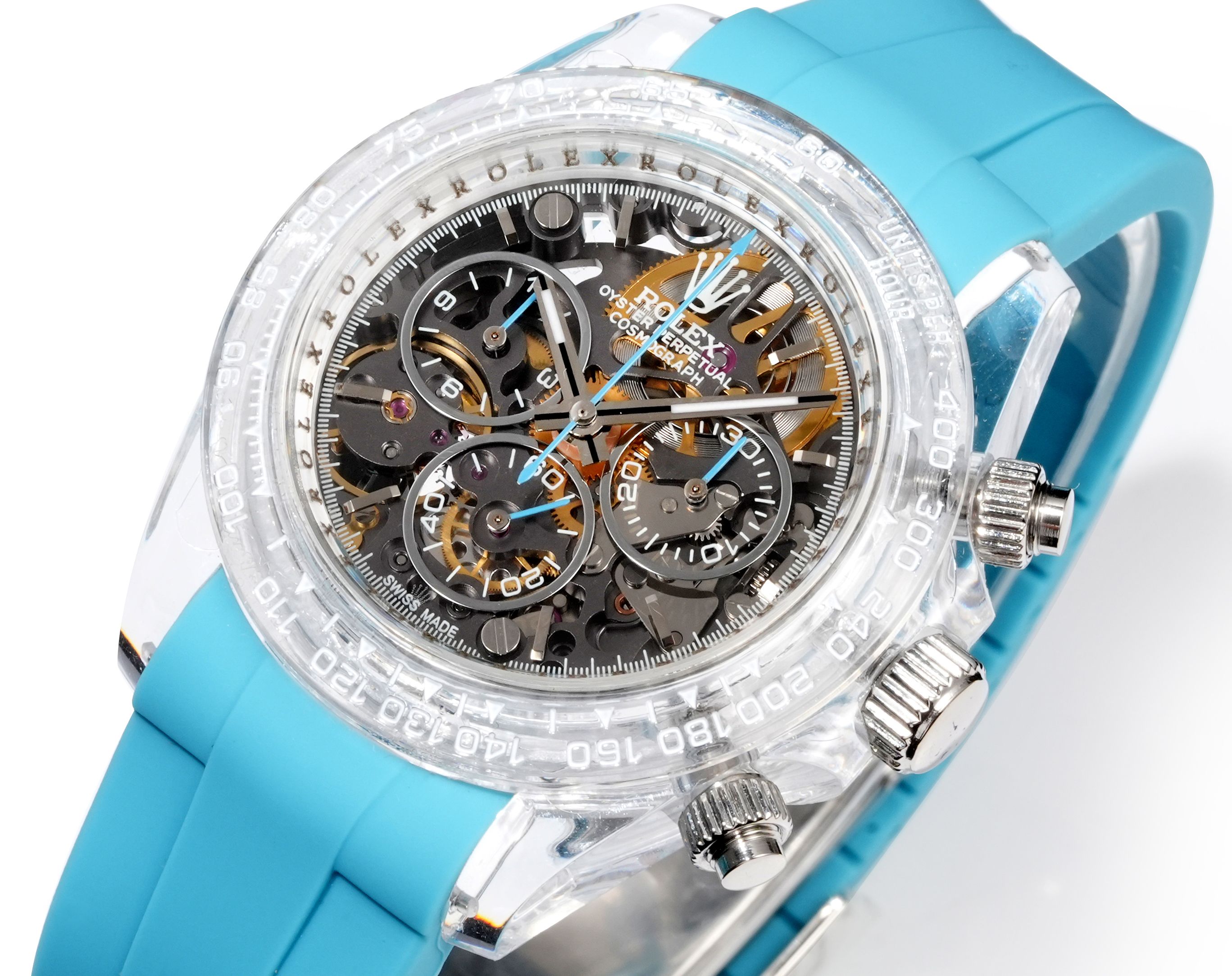 Rolex Cosmograph Daytona transparent case and bezel, skeleton dial, turquoise rubber strap 40mm Men's Automatic