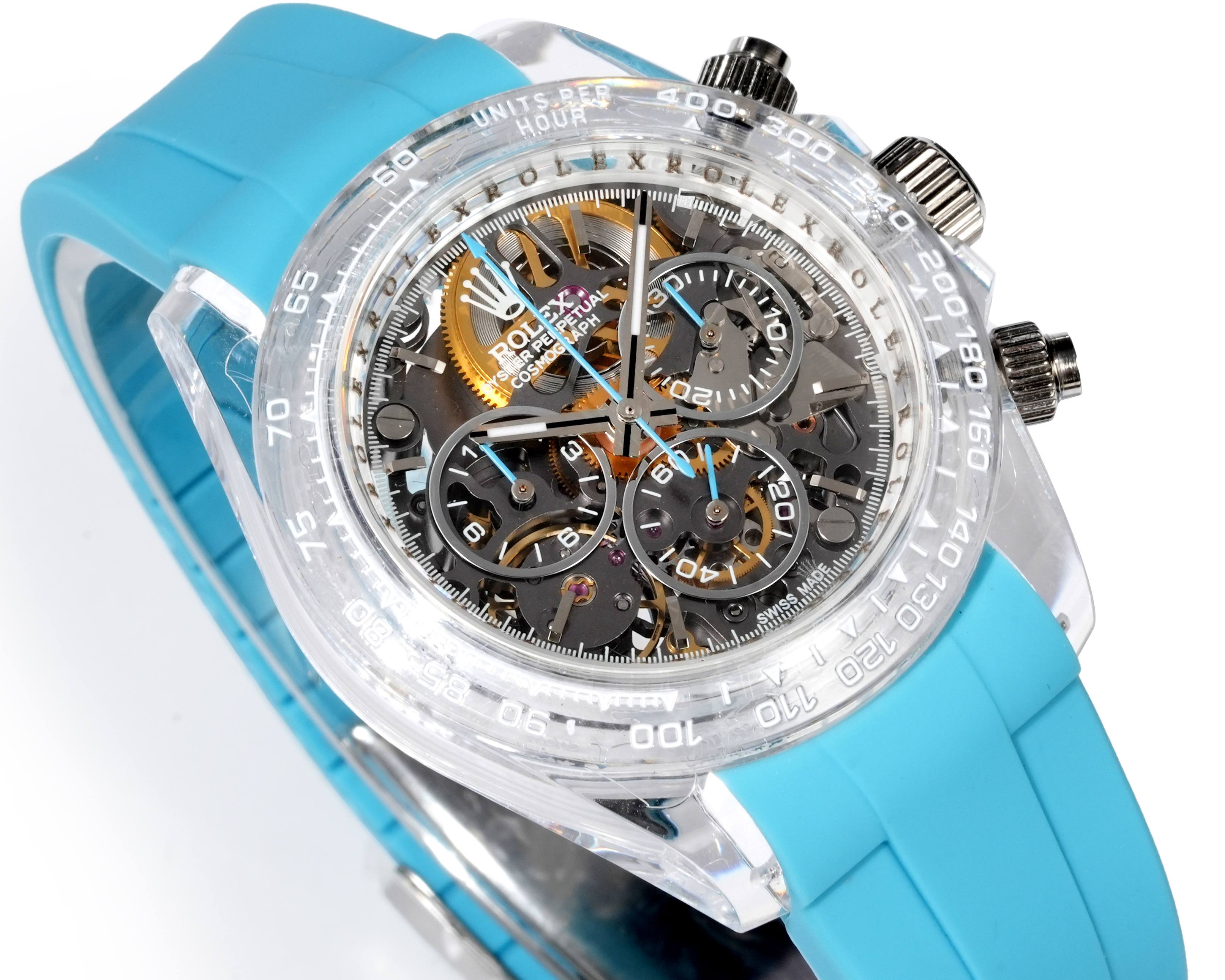 Rolex Cosmograph Daytona transparent case and bezel, skeleton dial, turquoise rubber strap 40mm Men's Automatic