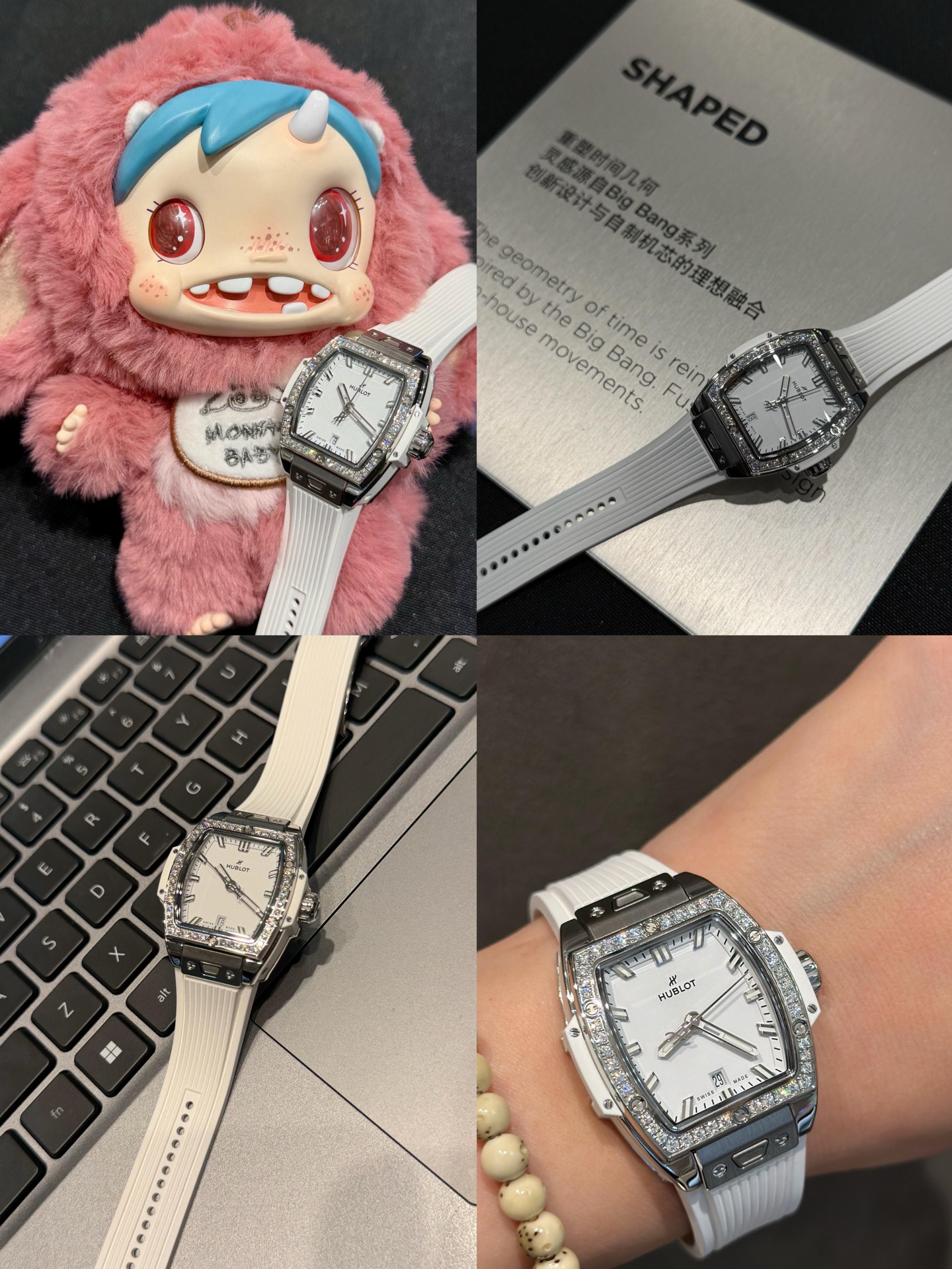 NO:726132,Hublot BIG BANG white, diamond-set watch, with a diameter of 39MM, the style of the entire watch is fashionable and exquisite, with a highly recognizable barrel-shaped design. The strap is equipped with a one-click quick detachable function, giving it more connotation and beauty. It can be worn by both men and women!  ,19860909宇舶BIG BANG 灵魂大爆炸白色、镶钻腕表,表径39MM,整表的风格时尚精致感拉满,辨识度极高的酒桶型设计,表带配有可一键快速拆功能,赋予了更多内涵与美感.男女皆可佩戴！,,Watch