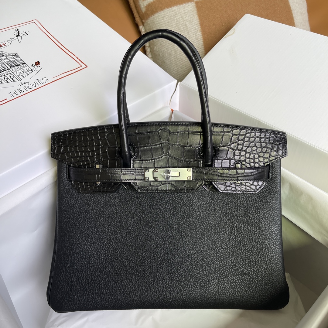 Birkin30 touch negro, ternera togo combinada con América, hebilla plateada, cosido a mano