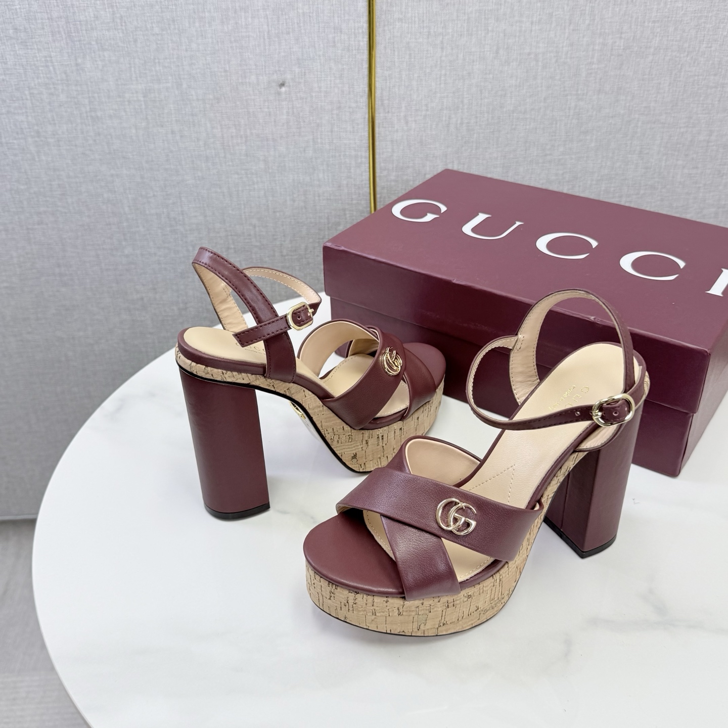 Gucci Interlocking G Cork Platform Block Heel Sand
