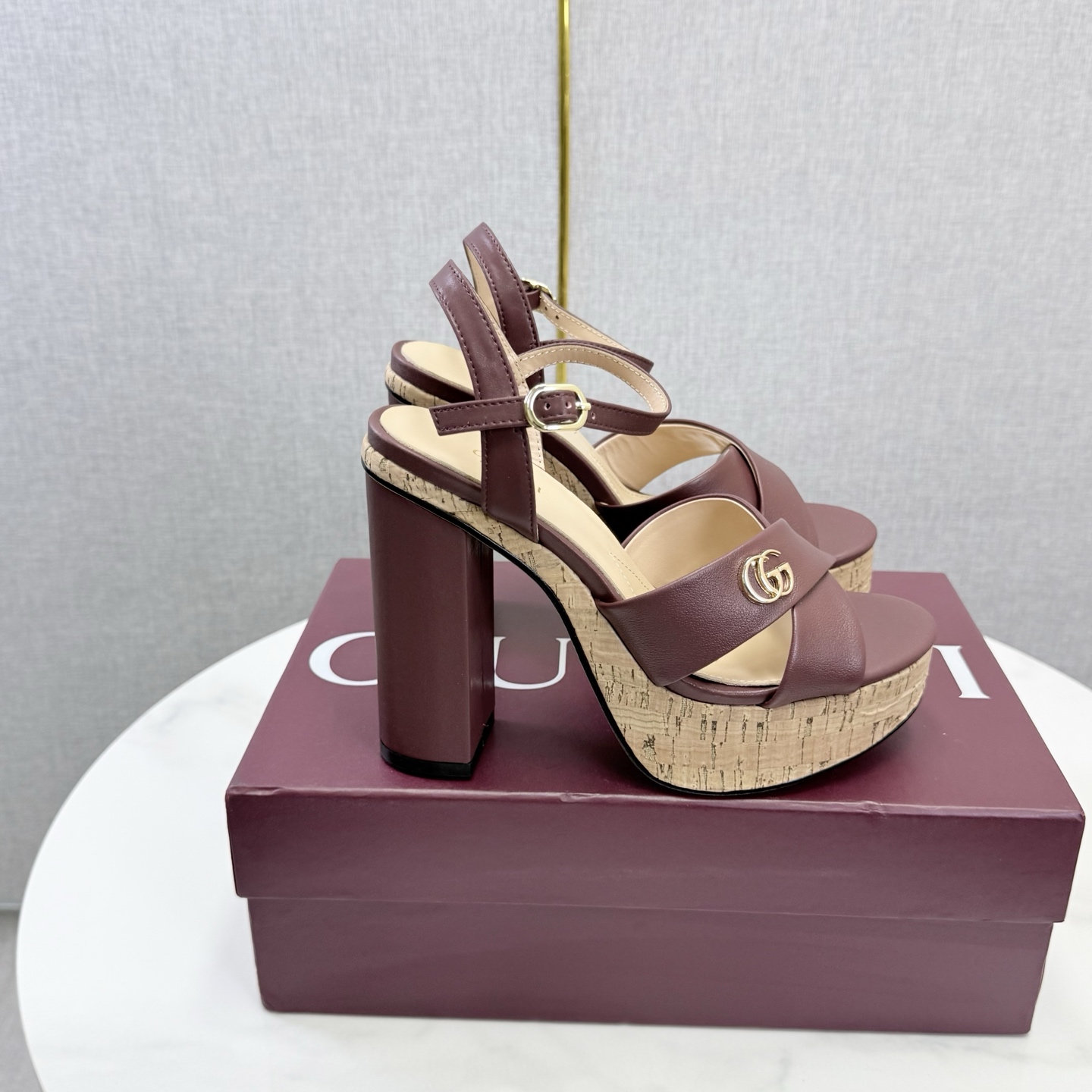 Gucci Interlocking G Cork Platform Block Heel Sand