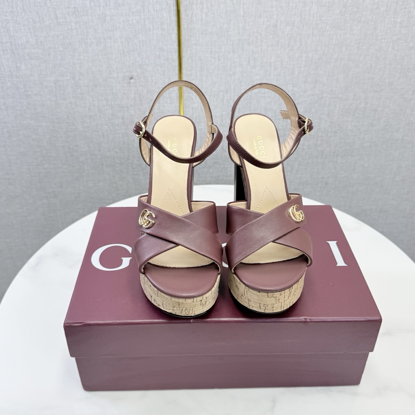 Gucci Interlocking G Cork Platform Block Heel Sand