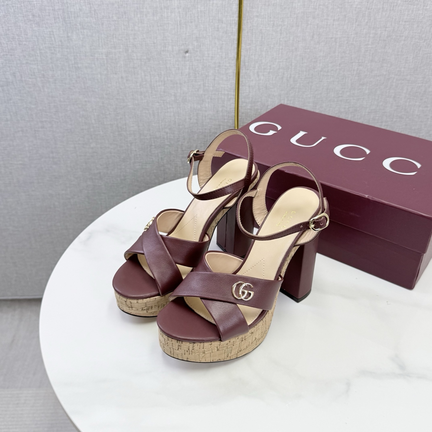 Gucci Interlocking G Cork Platform Block Heel Sand