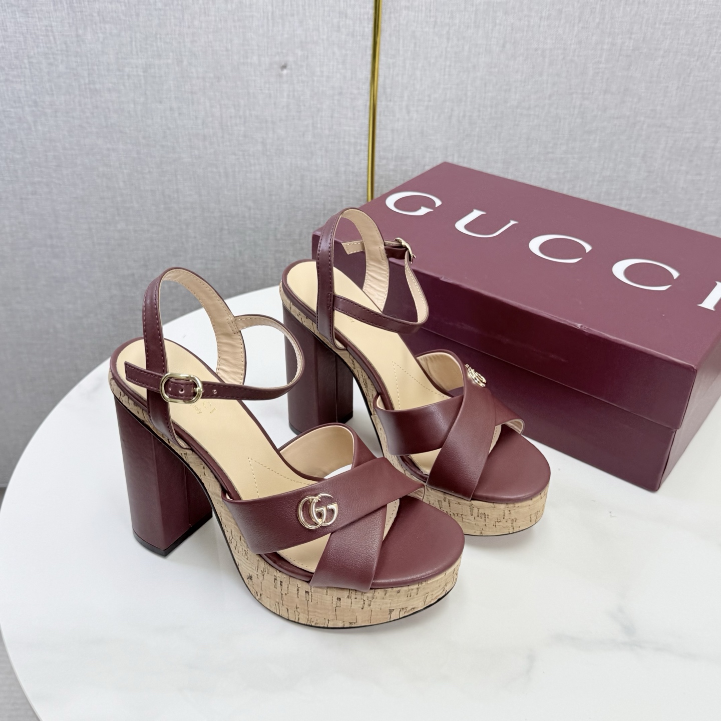 Gucci Interlocking G Cork Platform Block Heel Sand