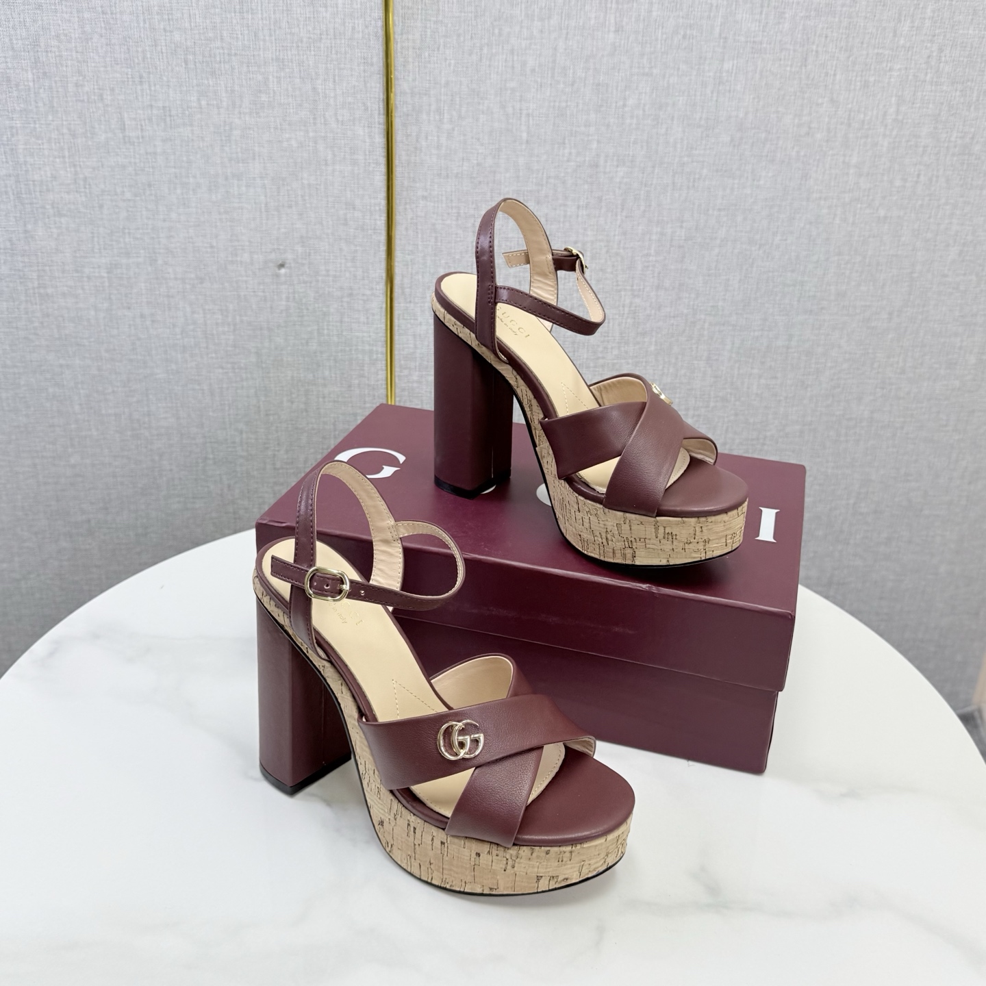 Gucci Interlocking G Cork Platform Block Heel Sand