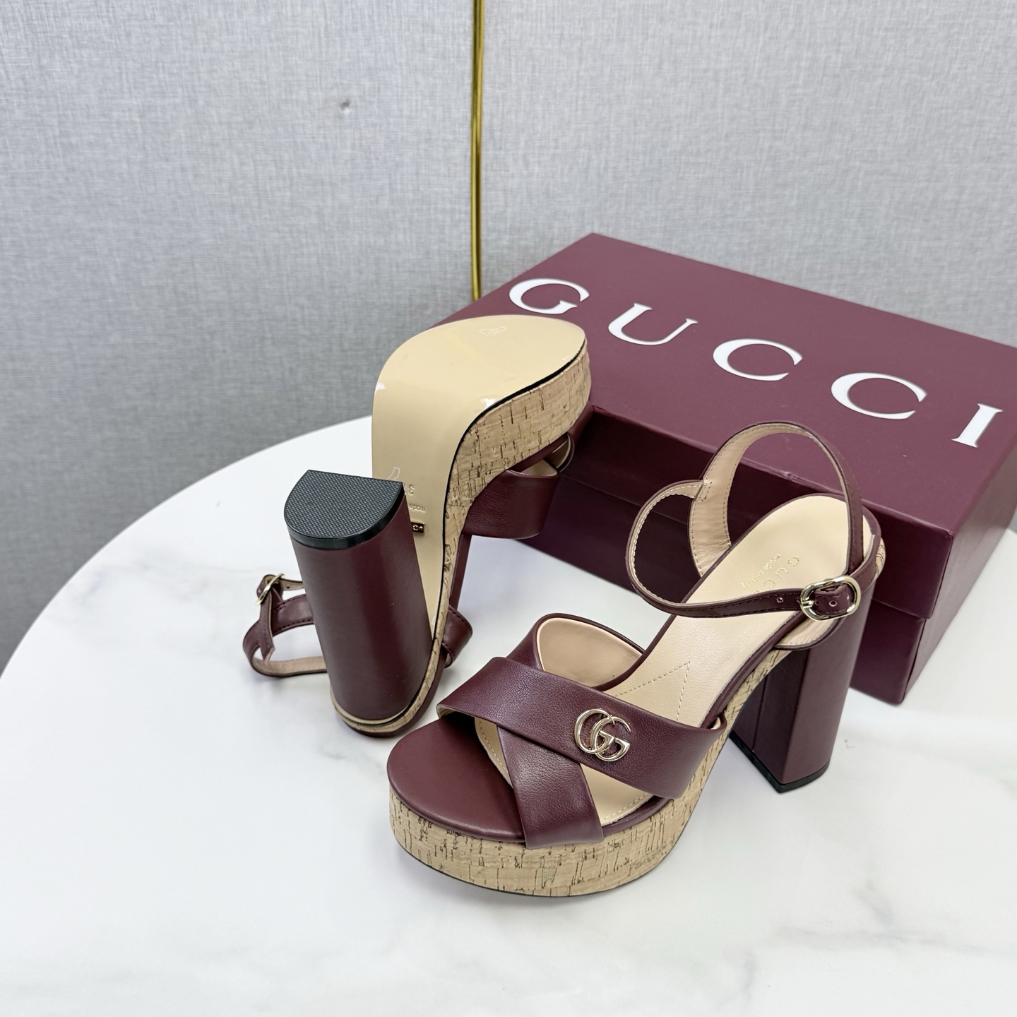 Gucci Interlocking G Cork Platform Block Heel Sand