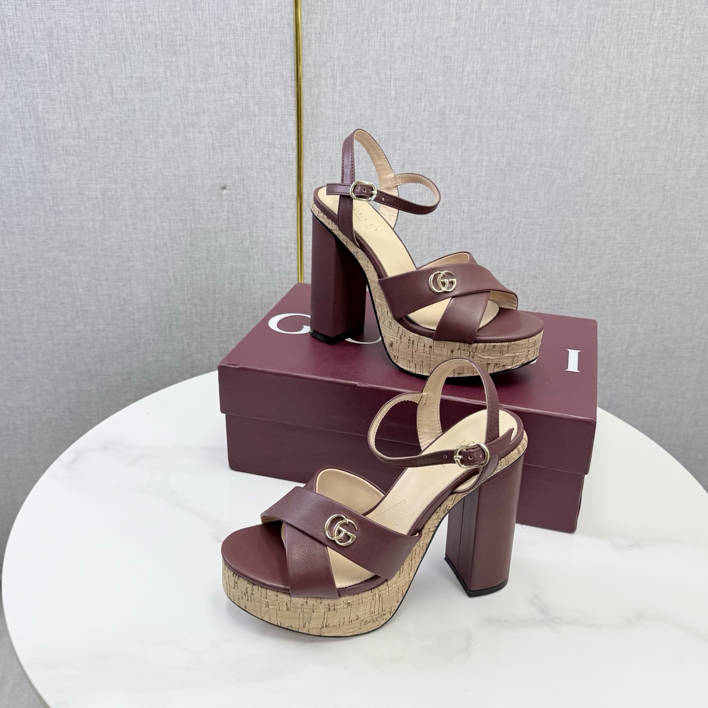 Gucci Interlocking G Cork Platform Block Heel Sand