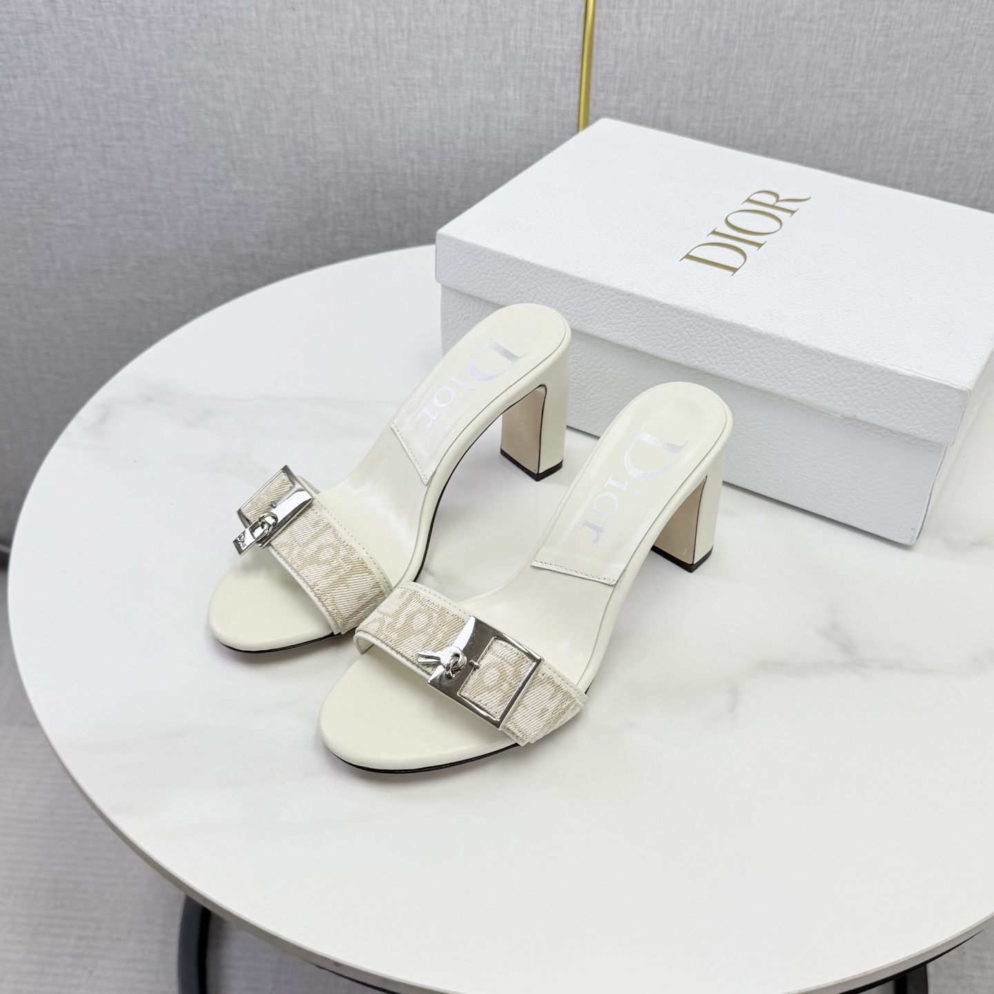 Dior Ivory Oblique Buckle Heel Mules