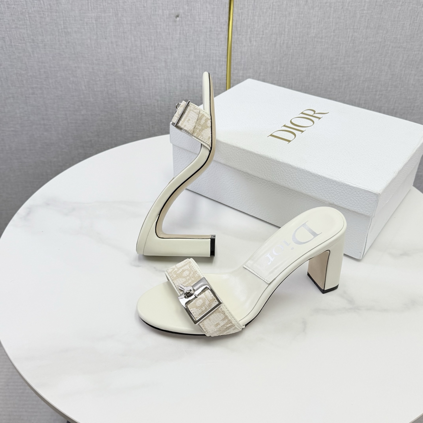 Dior Ivory Oblique Buckle Heel Mules