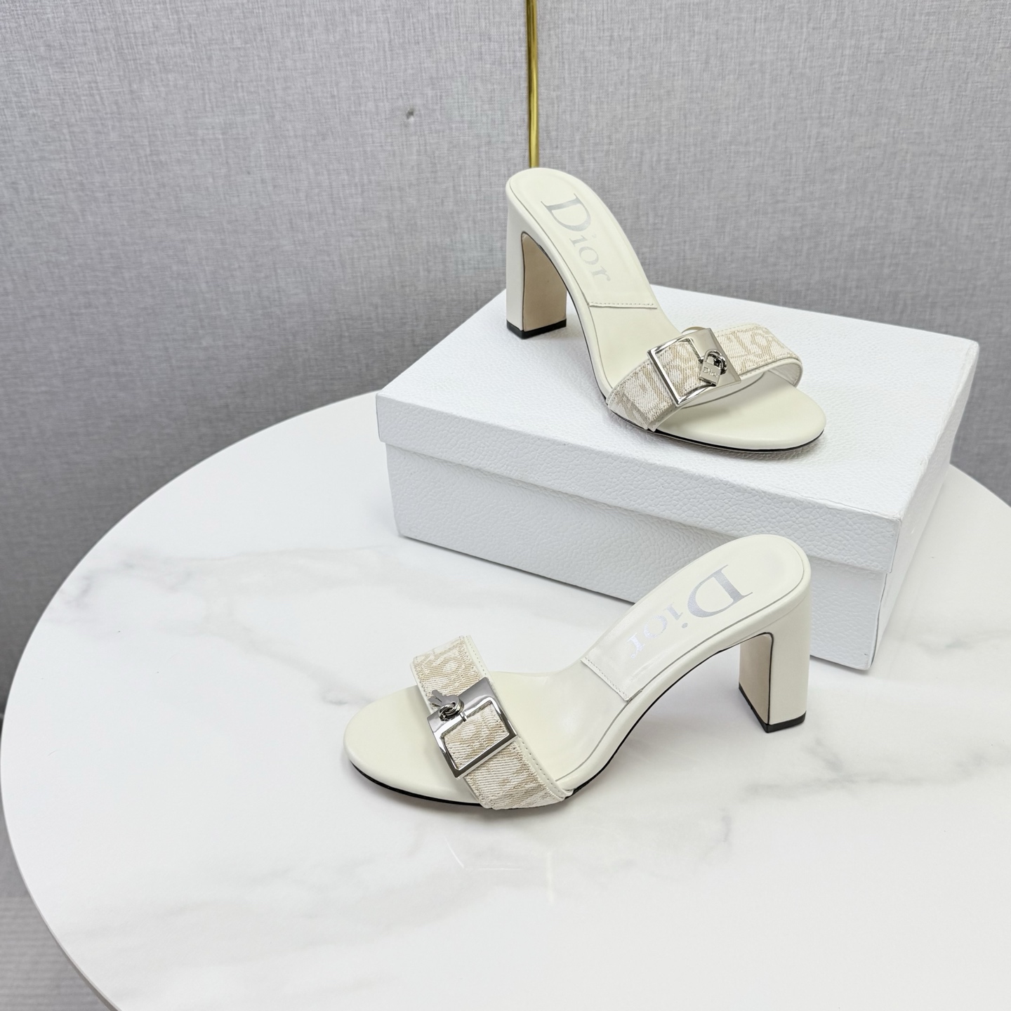 Dior Ivory Oblique Buckle Heel Mules