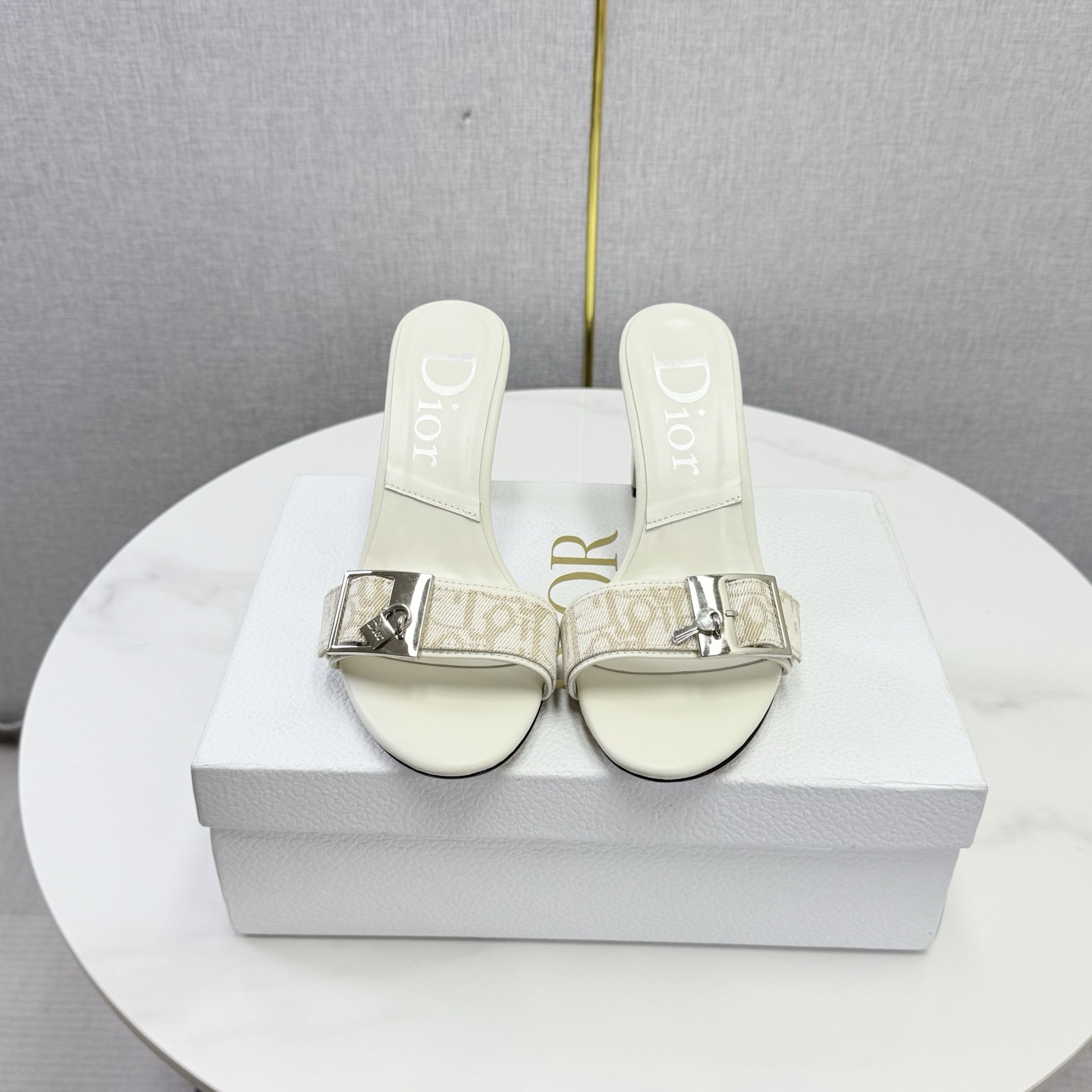 Dior Ivory Oblique Buckle Heel Mules