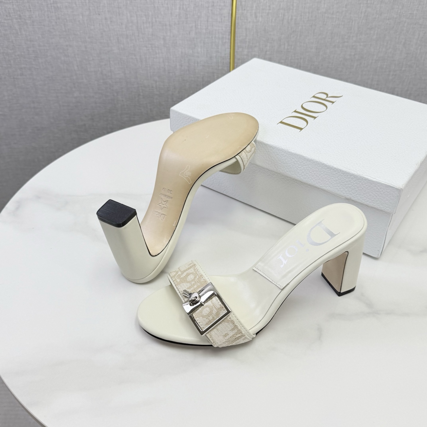 Dior Ivory Oblique Buckle Heel Mules
