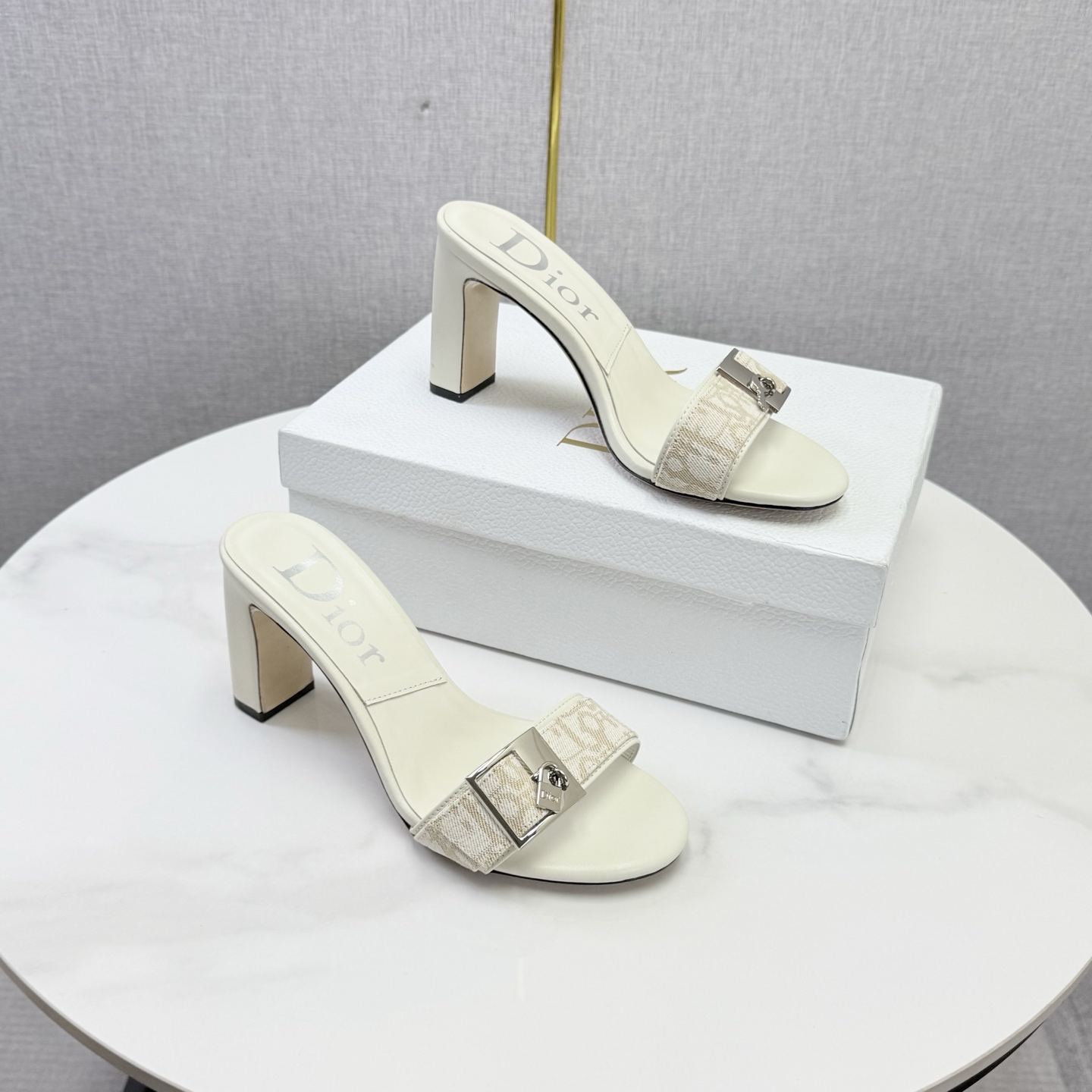 Dior Ivory Oblique Buckle Heel Mules