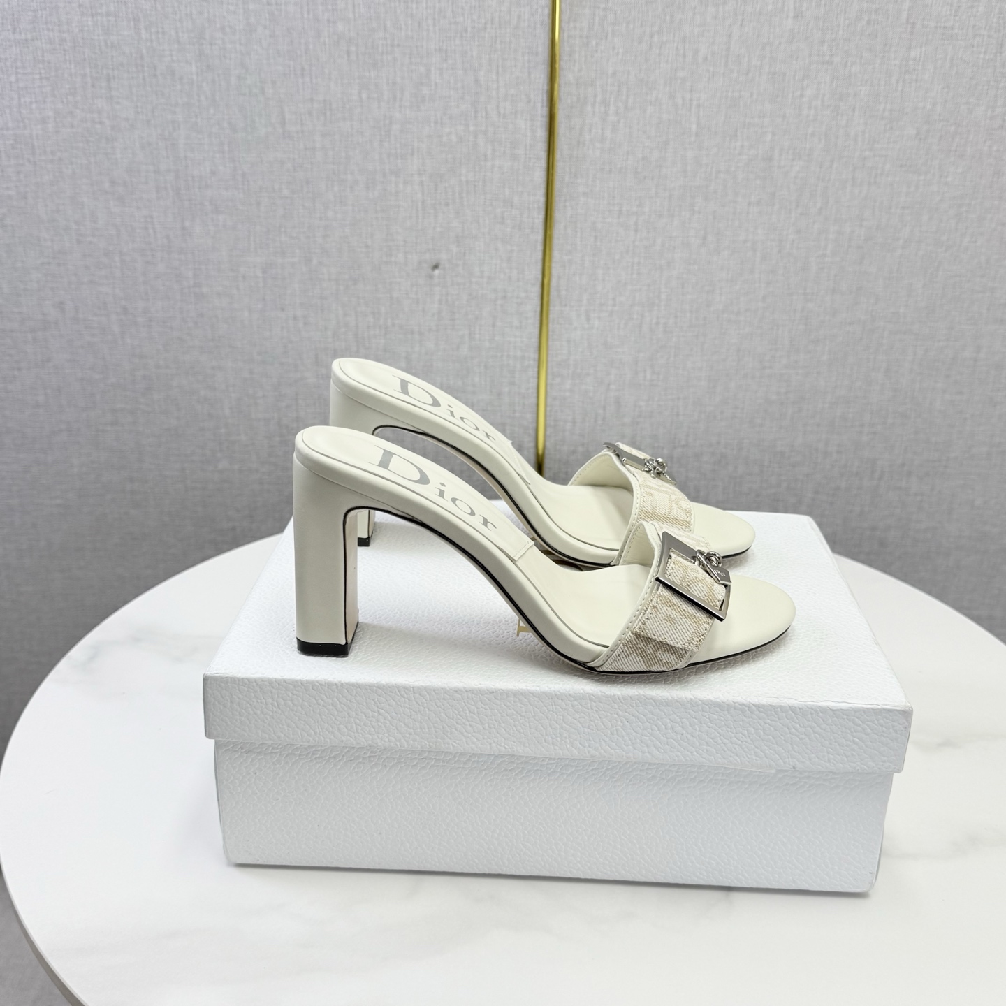 Dior Ivory Oblique Buckle Heel Mules
