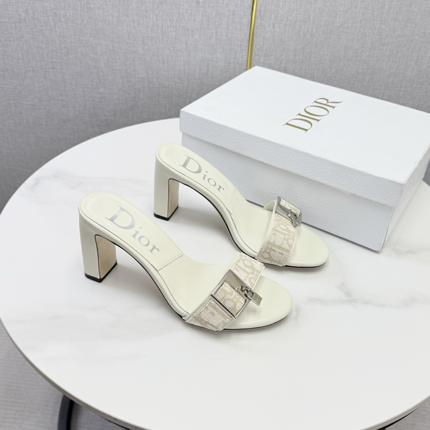 Dior Ivory Oblique Buckle Heel Mules