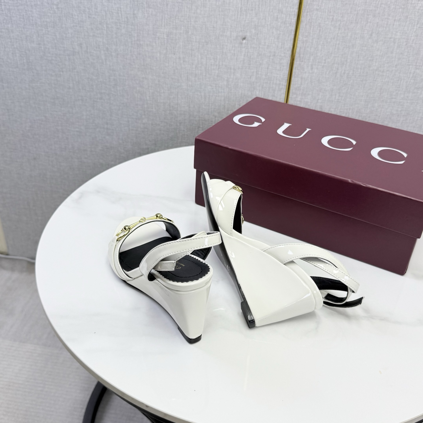 Gucci White Horsebit Wedge Sandals