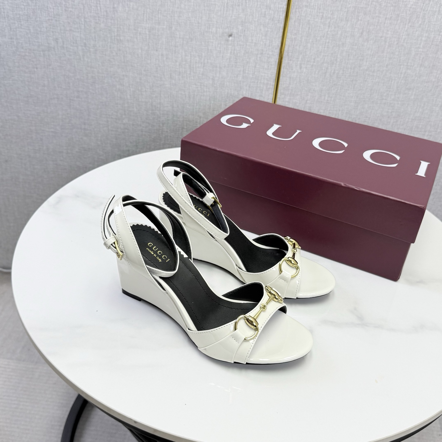 Gucci White Horsebit Wedge Sandals