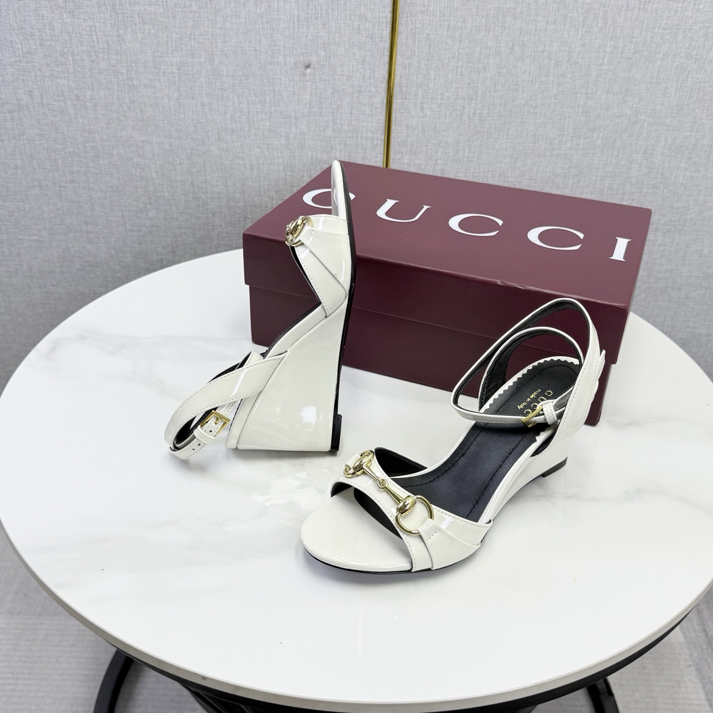 Gucci White Horsebit Wedge Sandals
