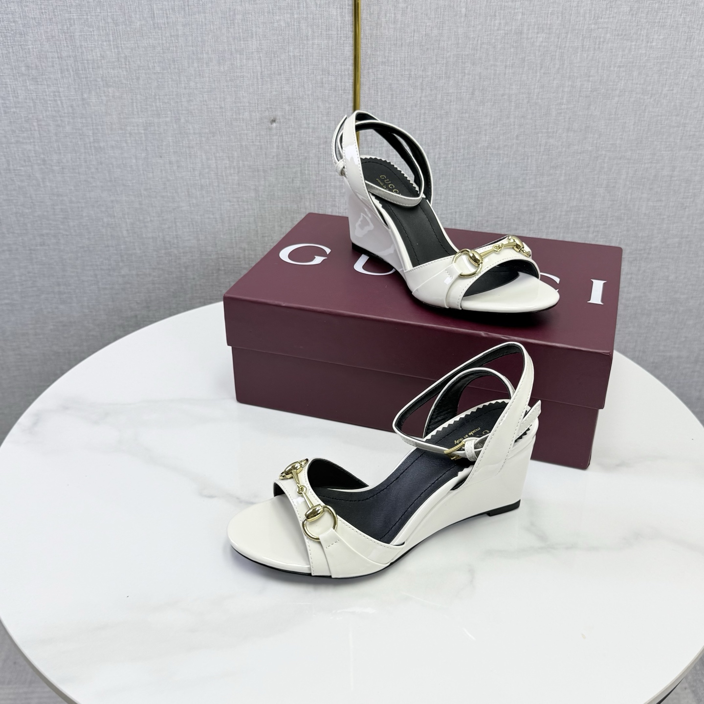 Gucci White Horsebit Wedge Sandals
