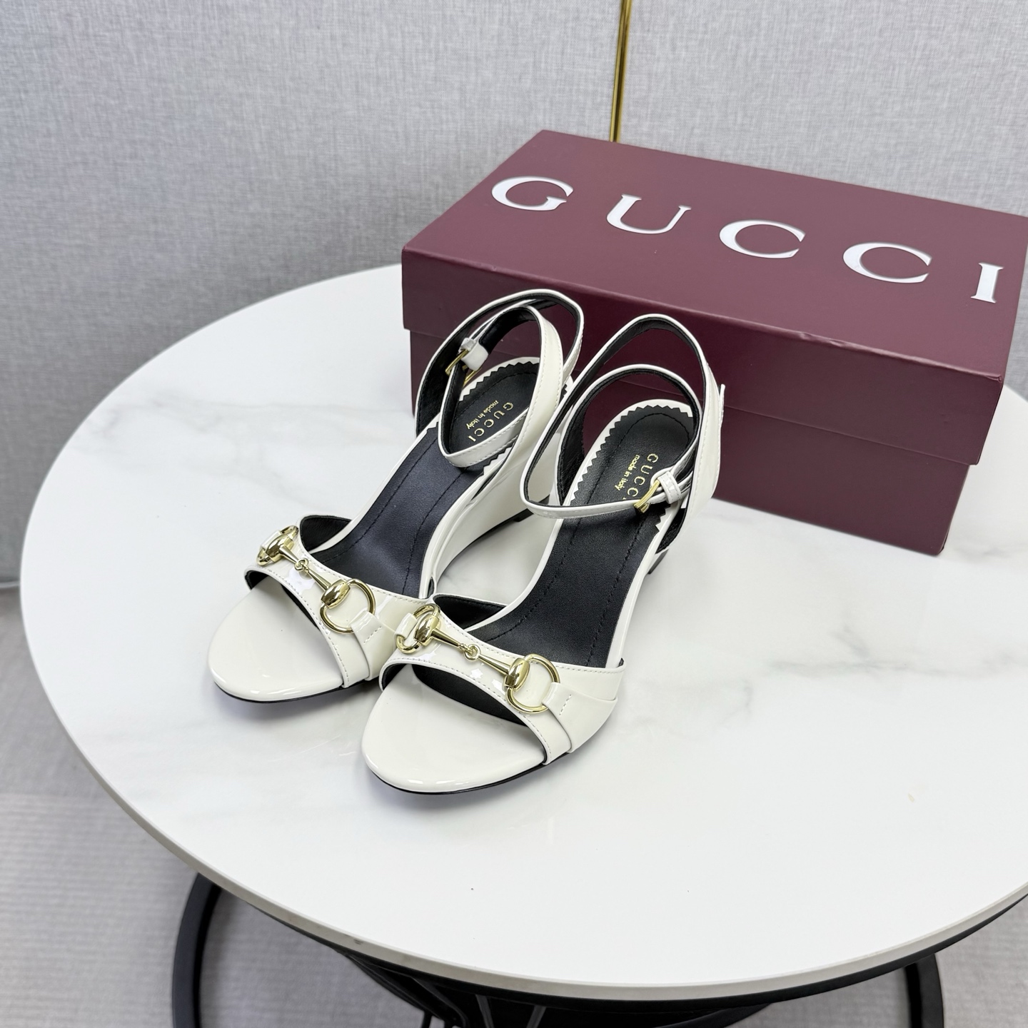 Gucci White Horsebit Wedge Sandals