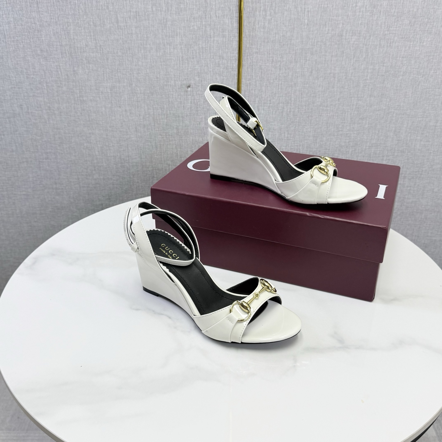 Gucci White Horsebit Wedge Sandals