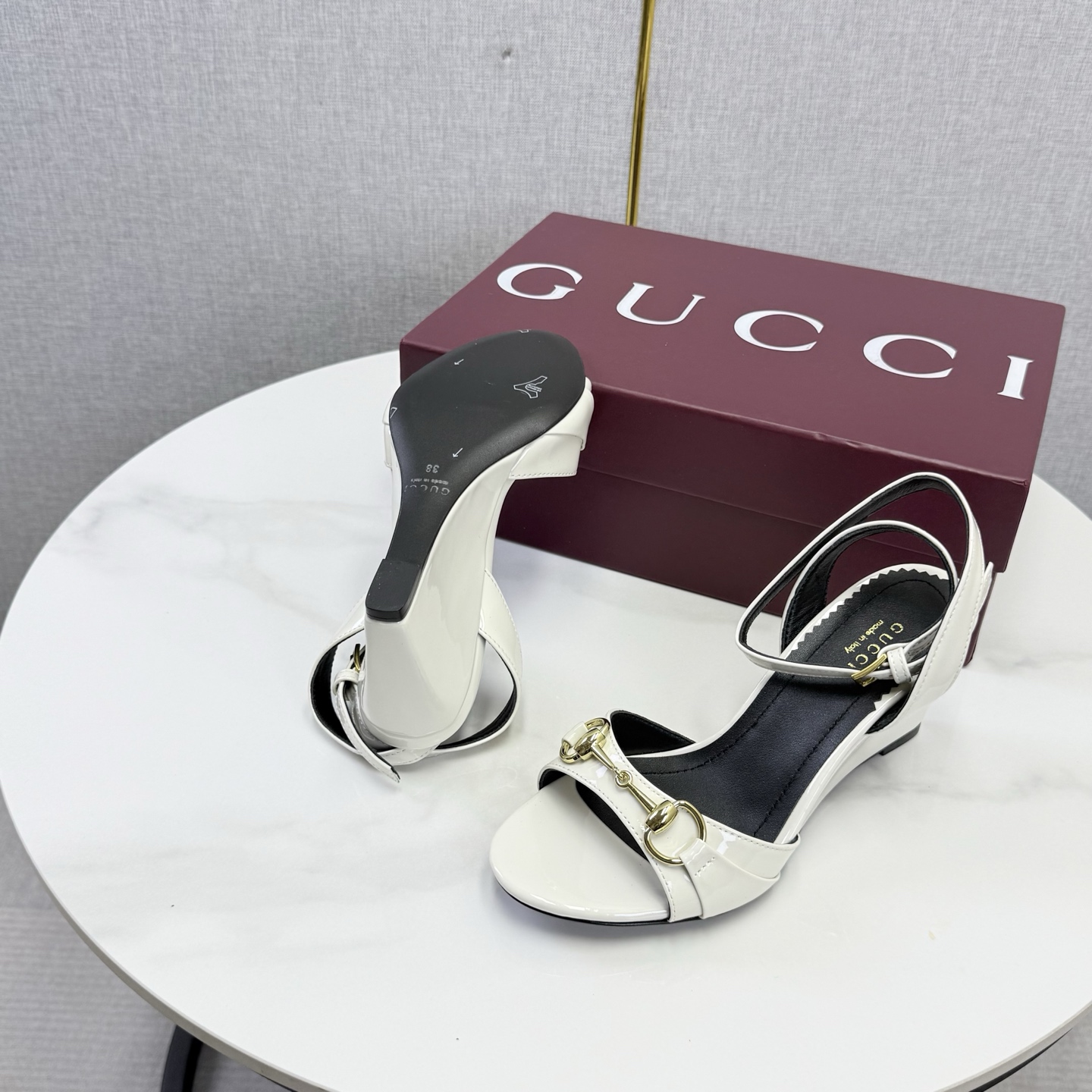 Gucci White Horsebit Wedge Sandals