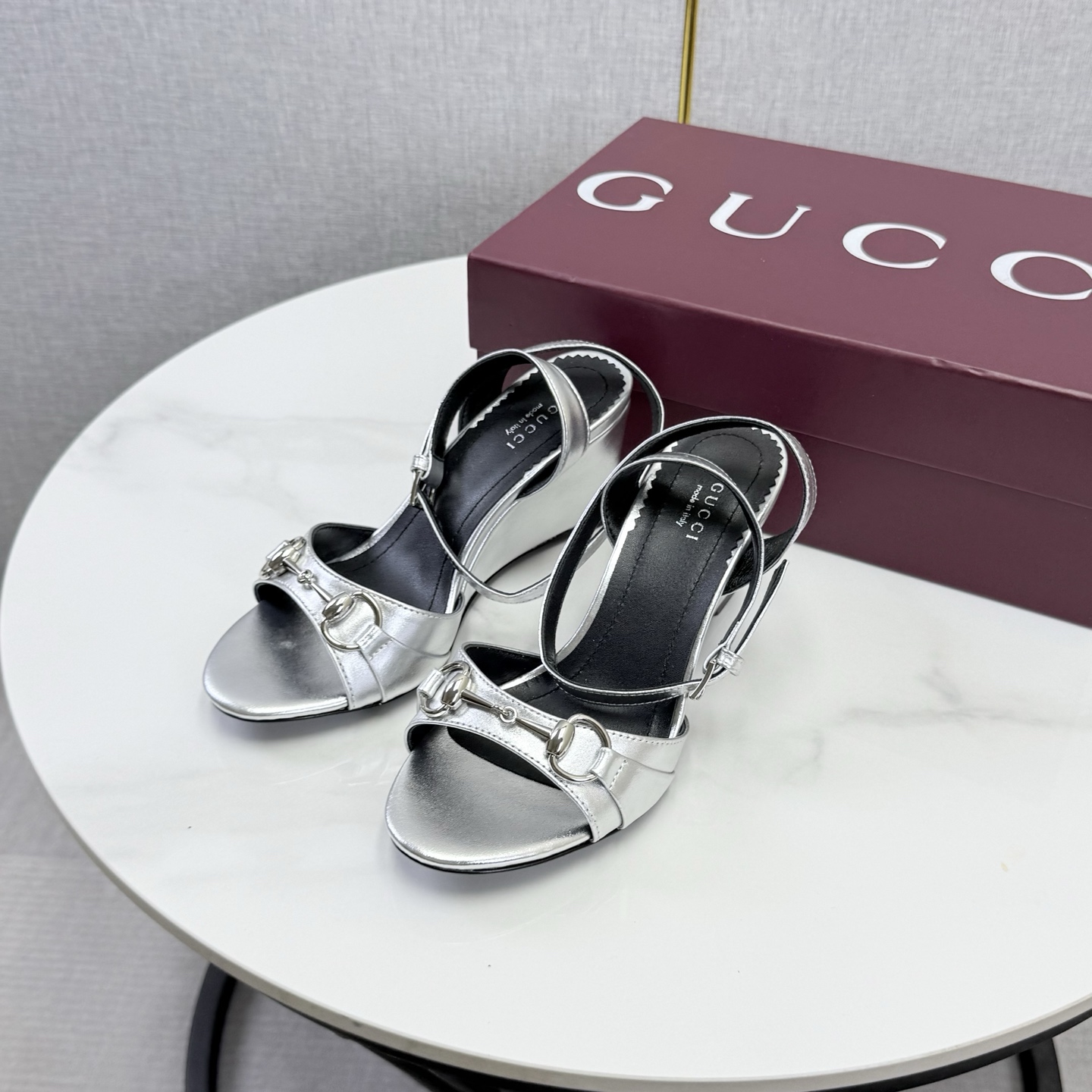Gucci Silver Horsebit Wedge Sandals