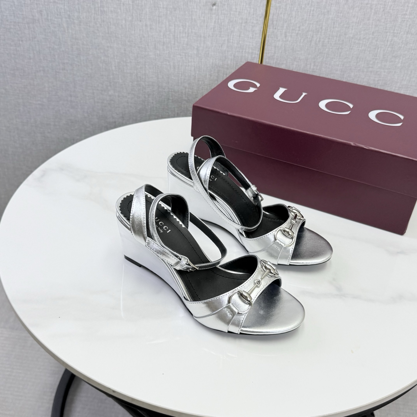 Gucci Silver Horsebit Wedge Sandals