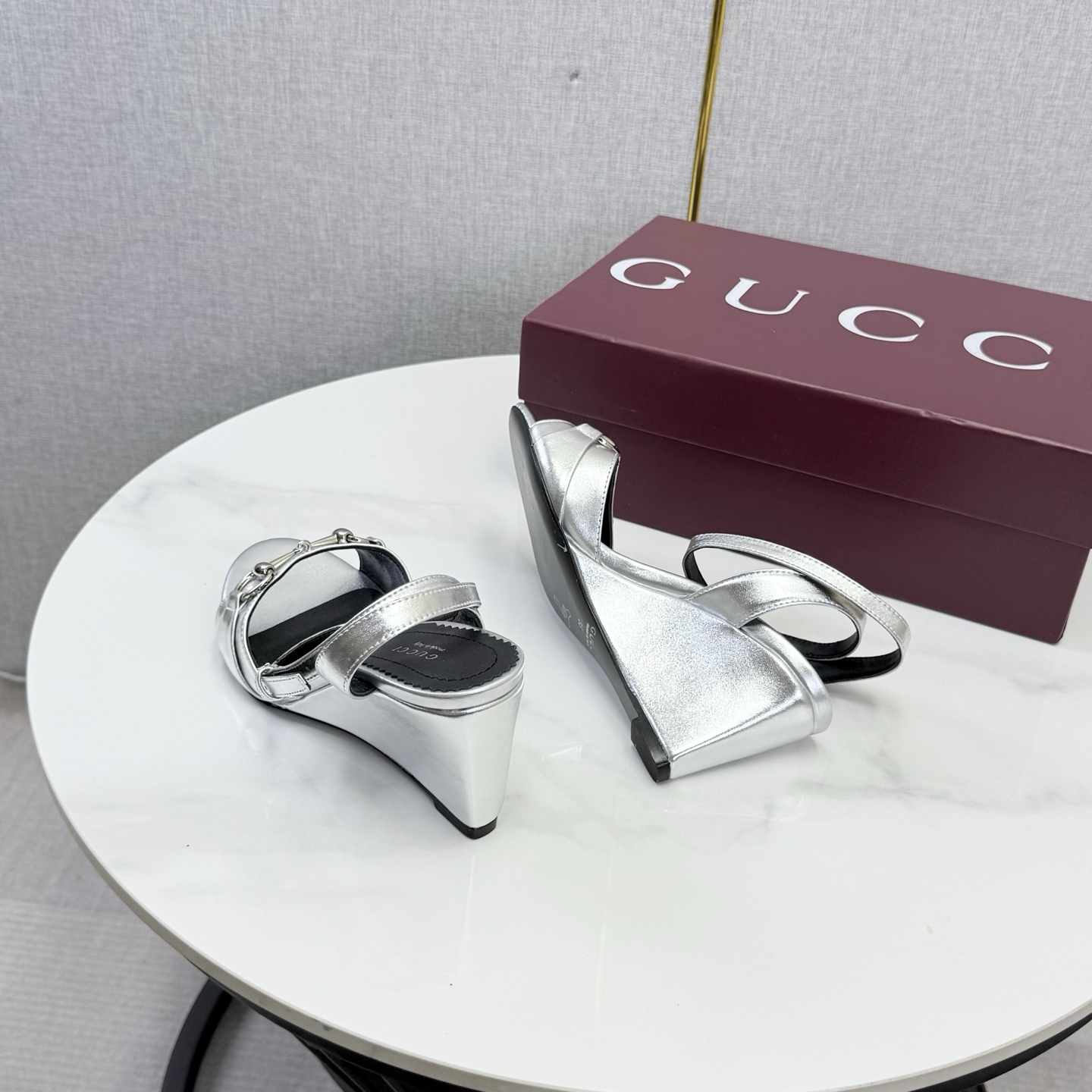 Gucci Silver Horsebit Wedge Sandals