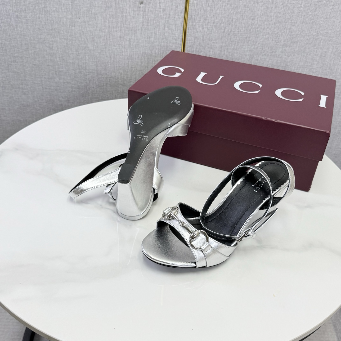 Gucci Silver Horsebit Wedge Sandals
