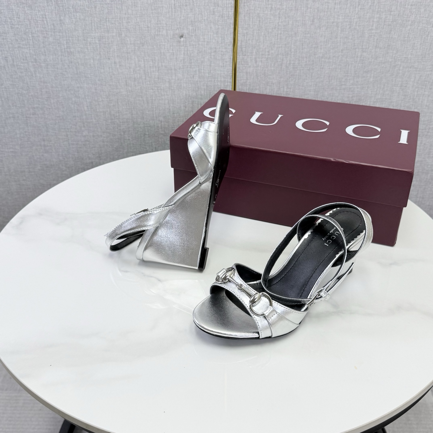 Gucci Silver Horsebit Wedge Sandals