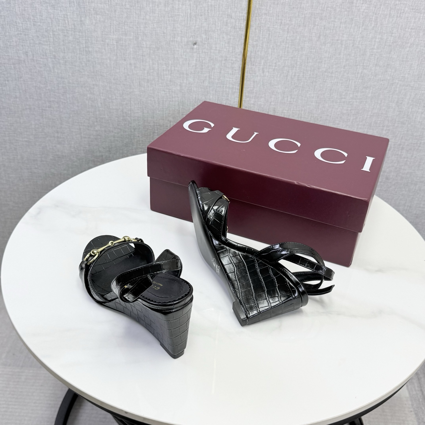 Gucci Black Horsebit Wedge Sandals