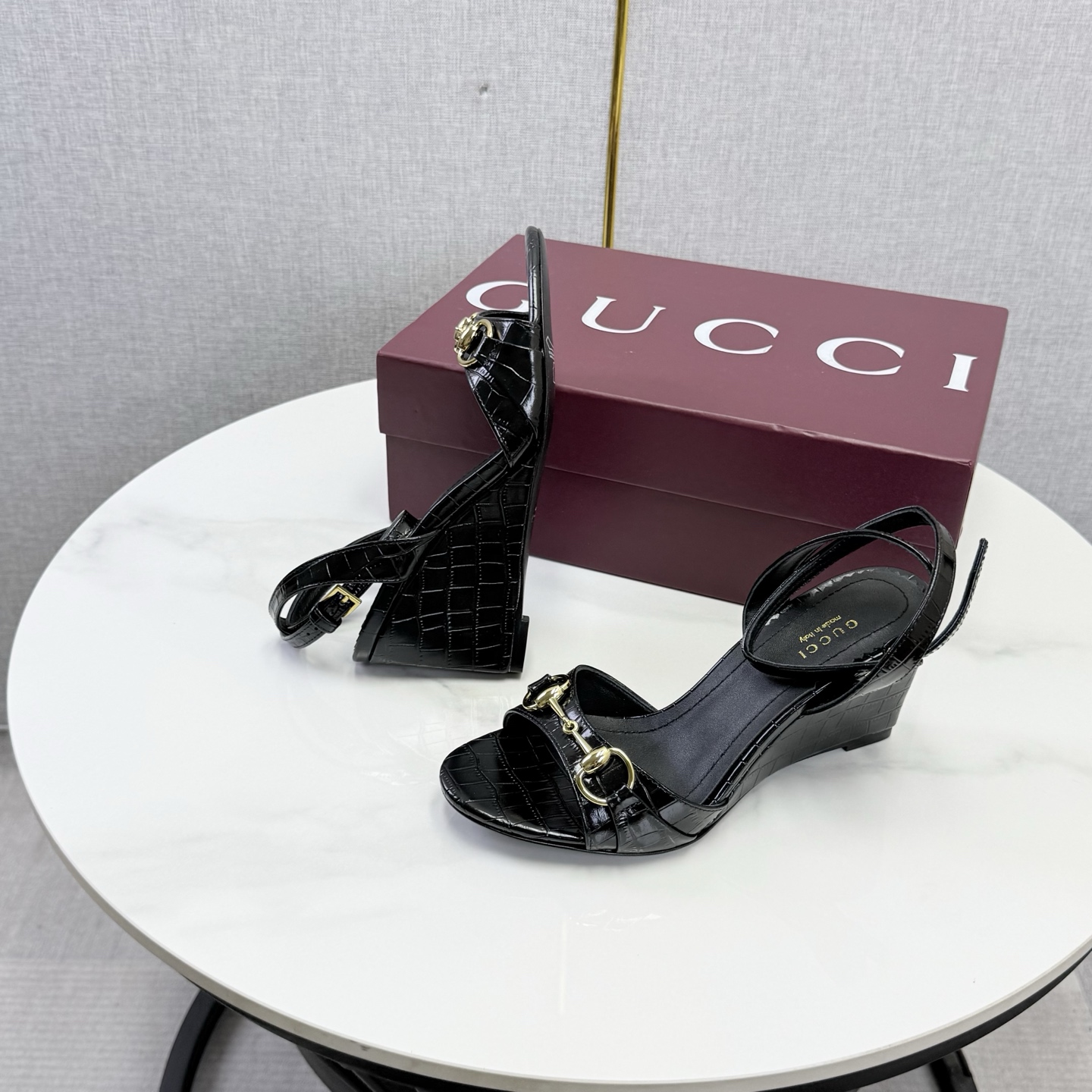 Gucci Black Horsebit Wedge Sandals