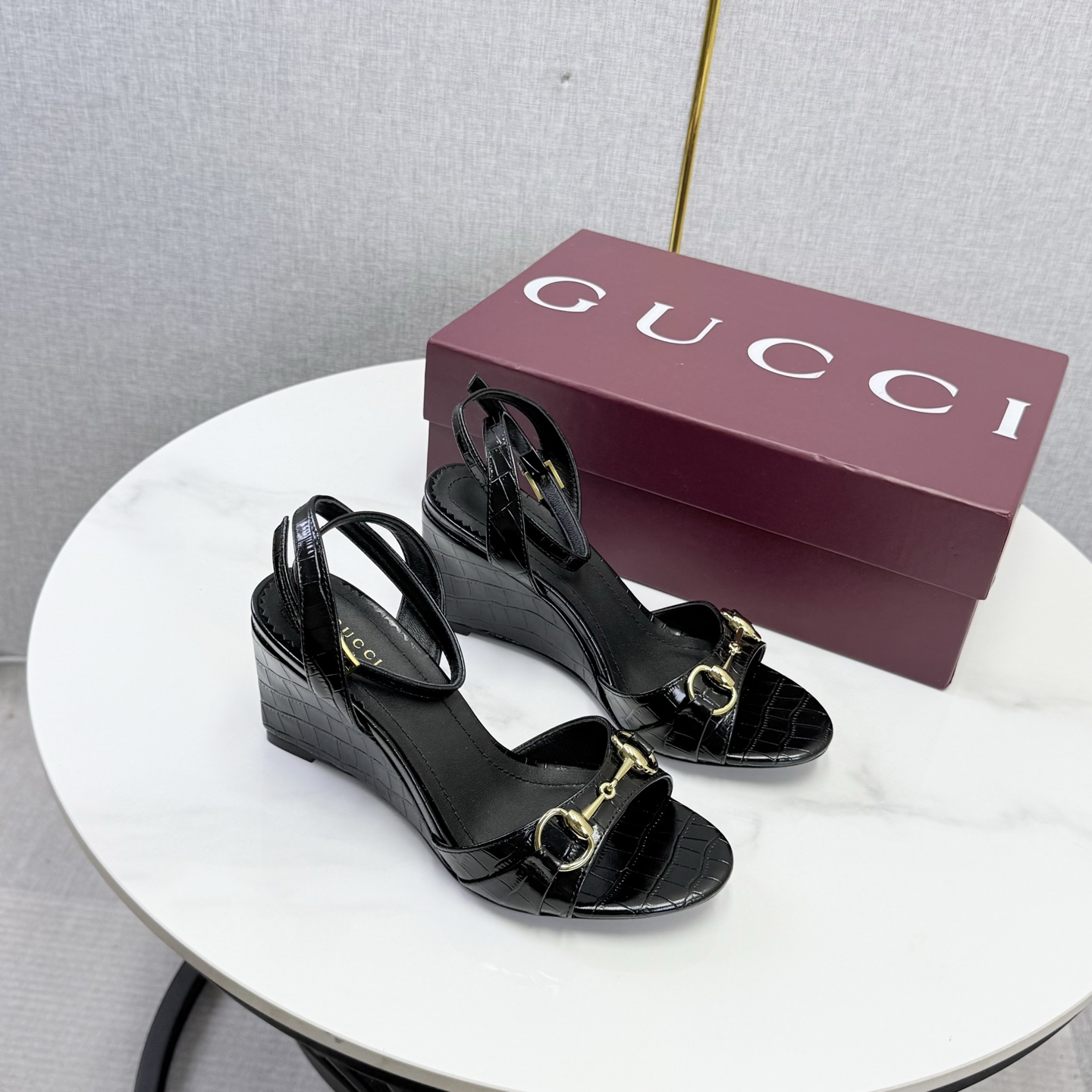 Gucci Black Horsebit Wedge Sandals