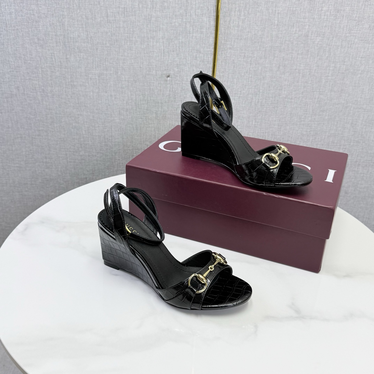 Gucci Black Horsebit Wedge Sandals