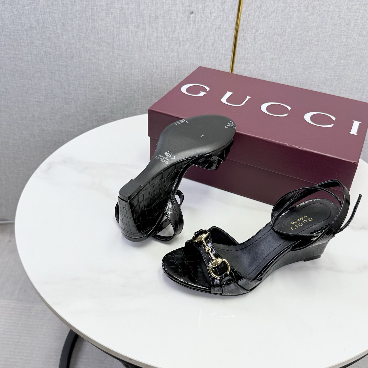 Gucci Black Horsebit Wedge Sandals