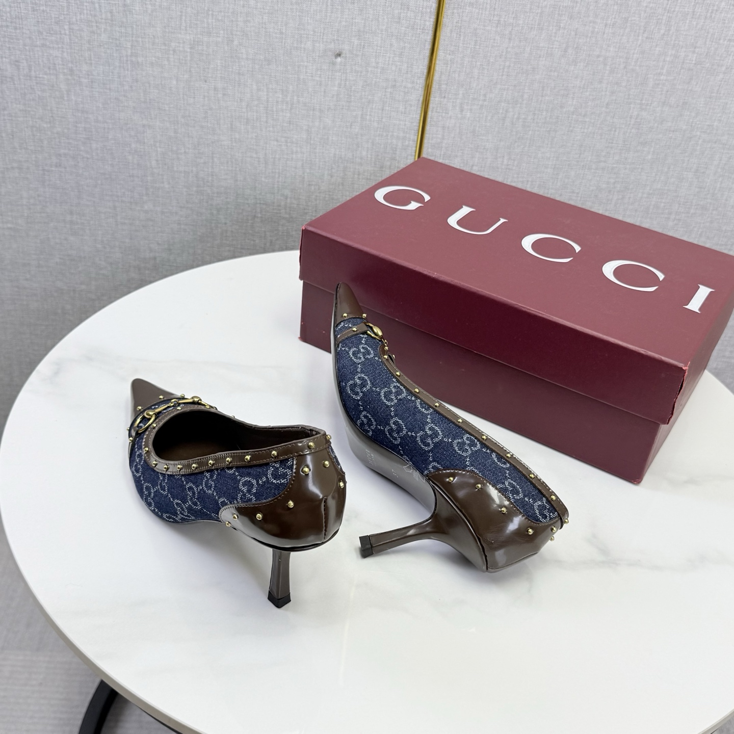 Gucci Blue GG Studded Horsebit Pointed Pumps