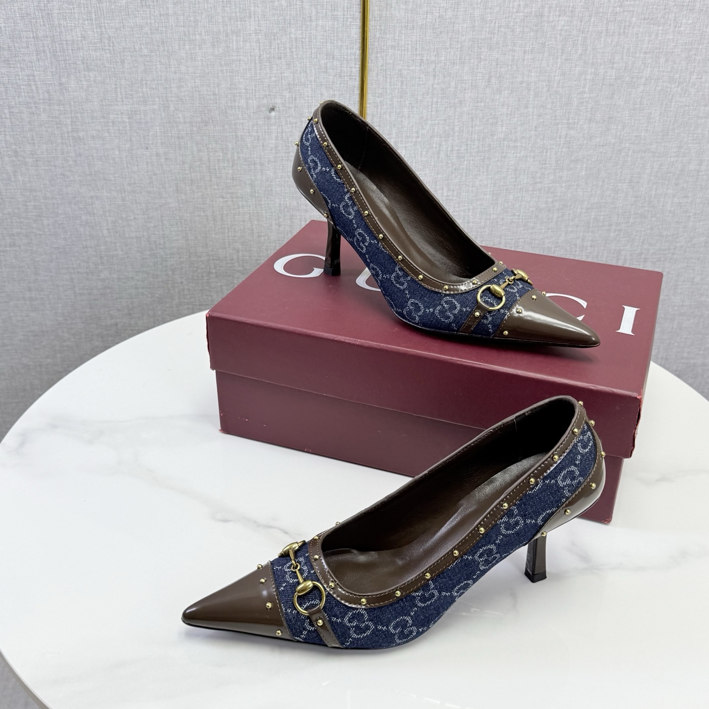 Gucci Blue GG Studded Horsebit Pointed Pumps