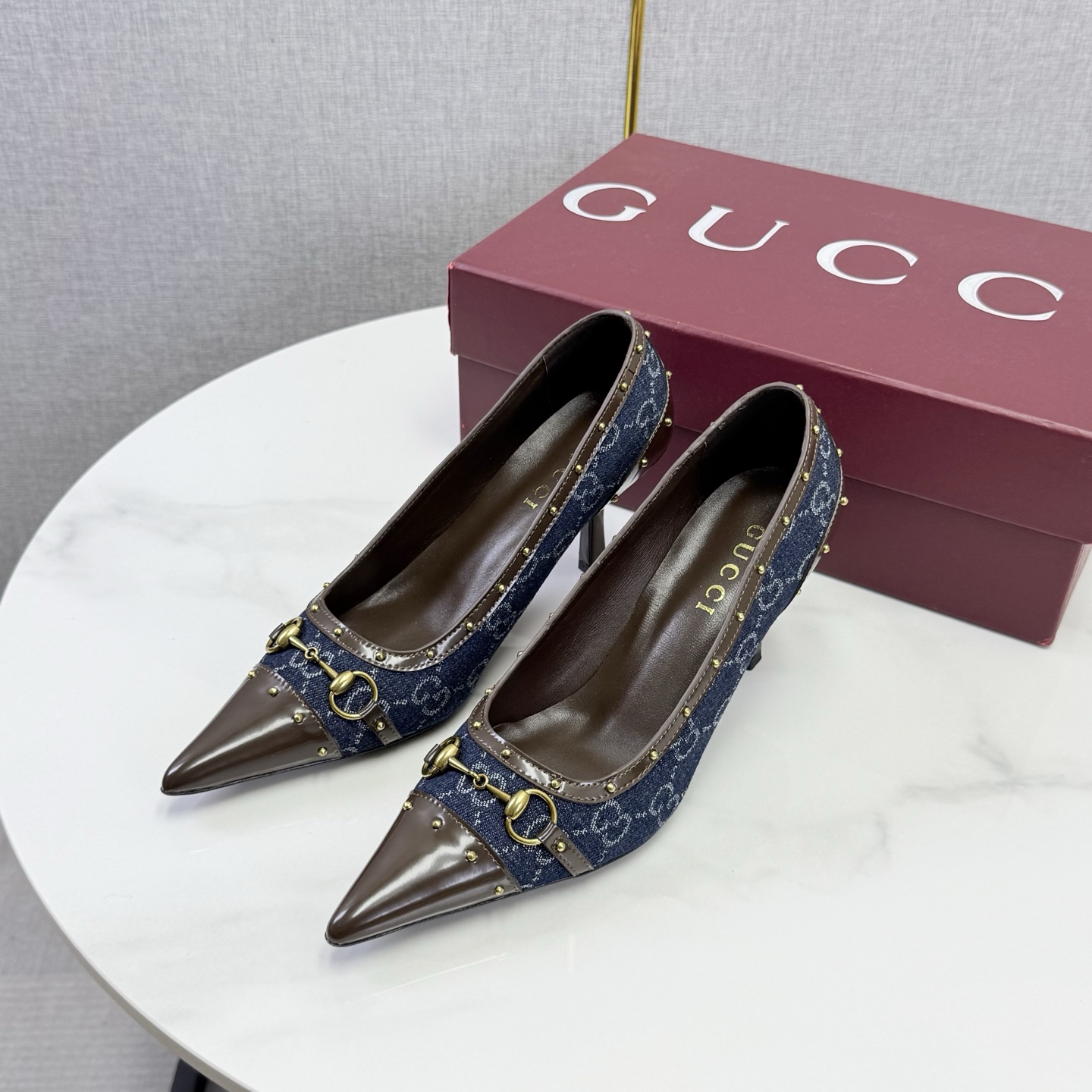 Gucci Blue GG Studded Horsebit Pointed Pumps