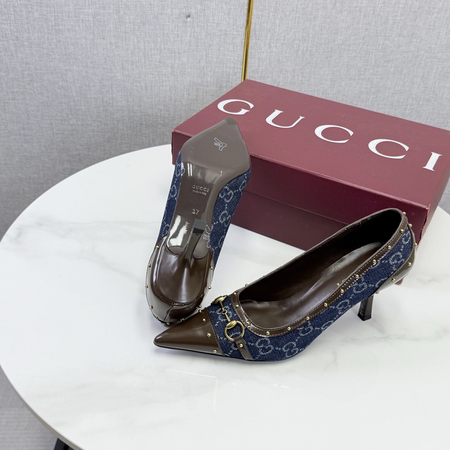 Gucci Blue GG Studded Horsebit Pointed Pumps