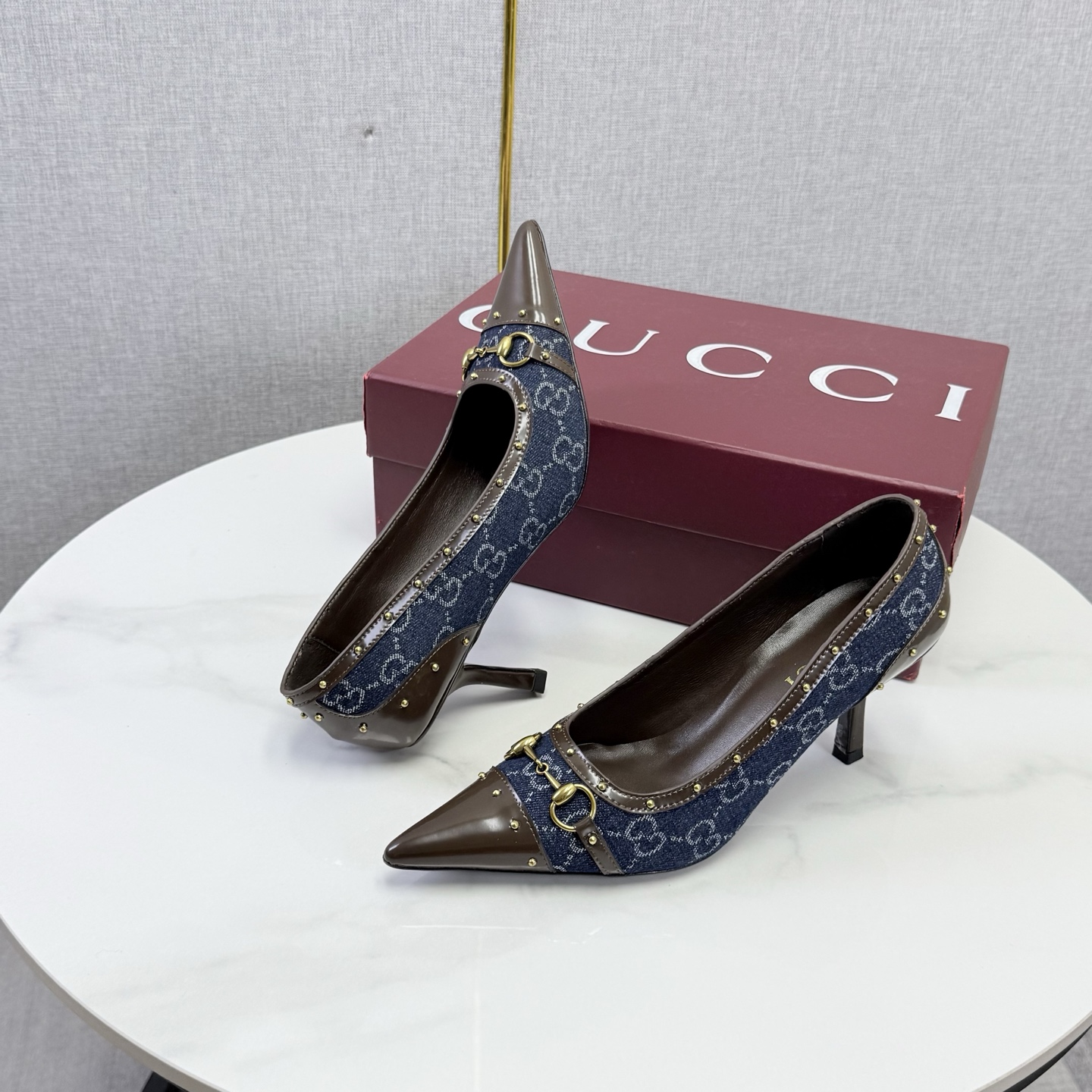 Gucci Blue GG Studded Horsebit Pointed Pumps
