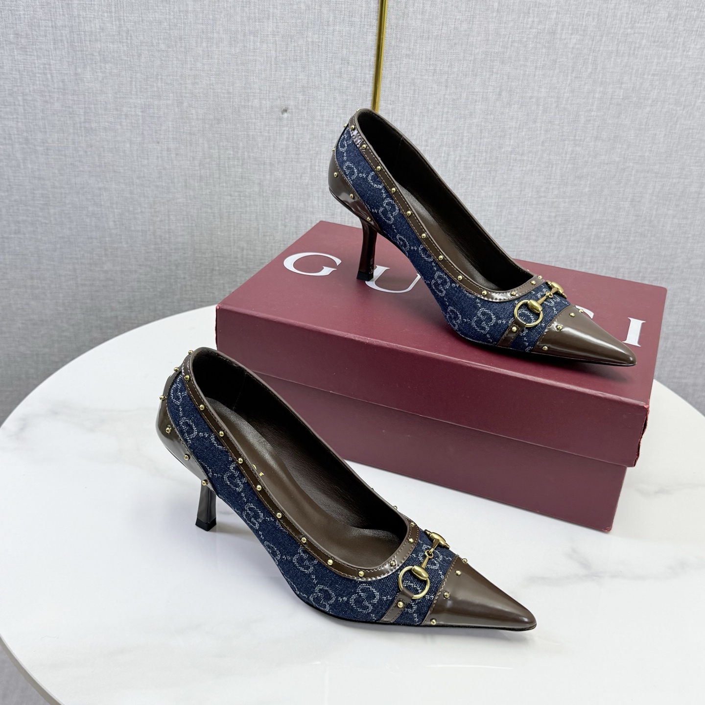Gucci Blue GG Studded Horsebit Pointed Pumps