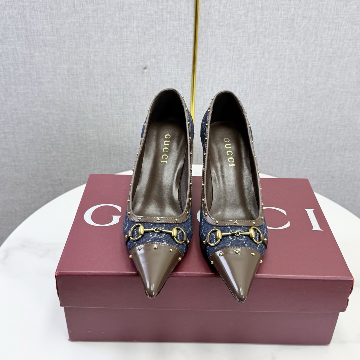 Gucci Blue GG Studded Horsebit Pointed Pumps