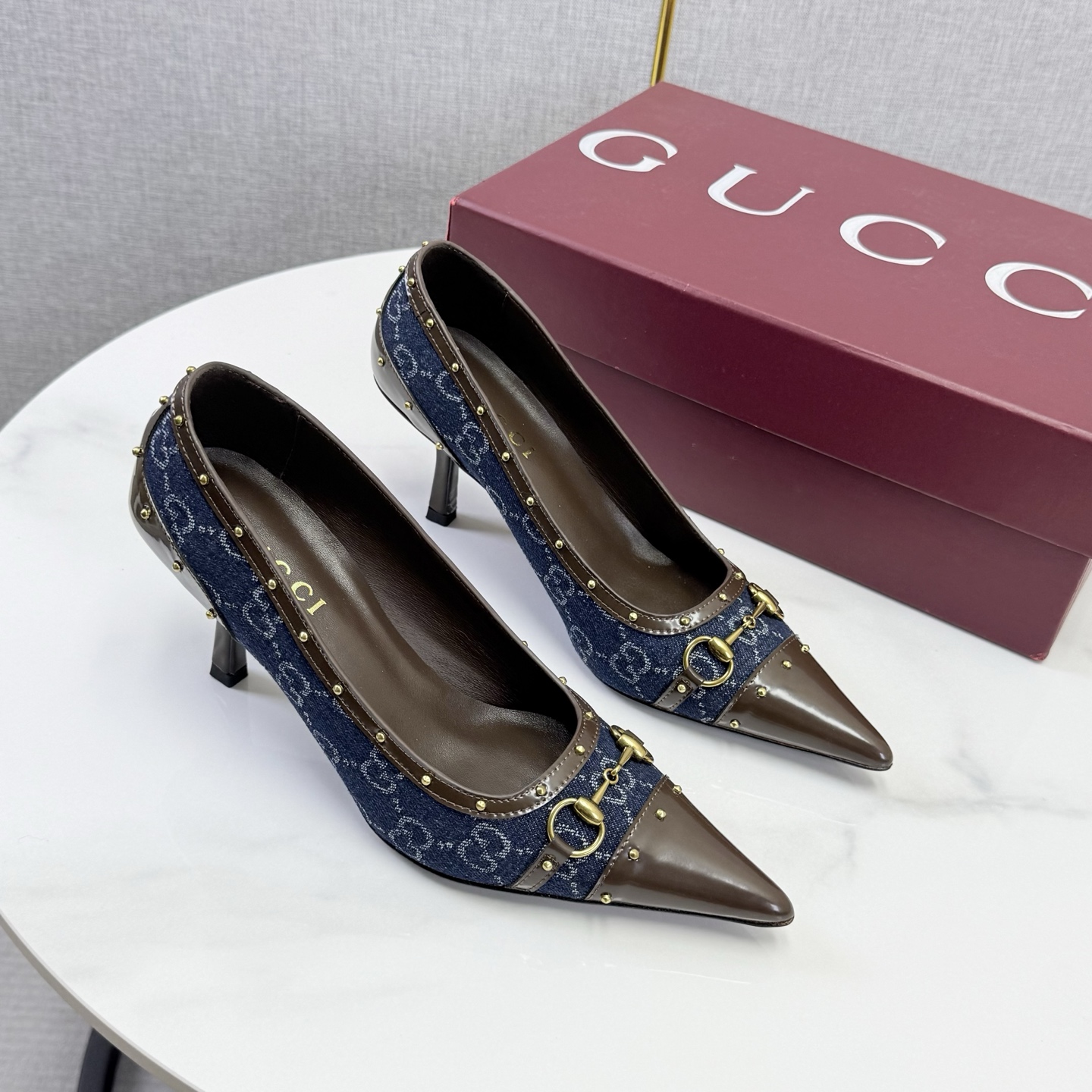 Gucci Blue GG Studded Horsebit Pointed Pumps