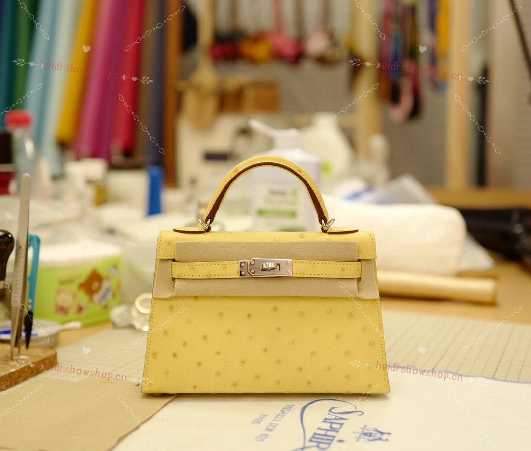 Hermes Kelly Bolsas Sacos de corpo cruzado & Ombro Amarelo Limão Hardware Prata Couro de avestruz Mini