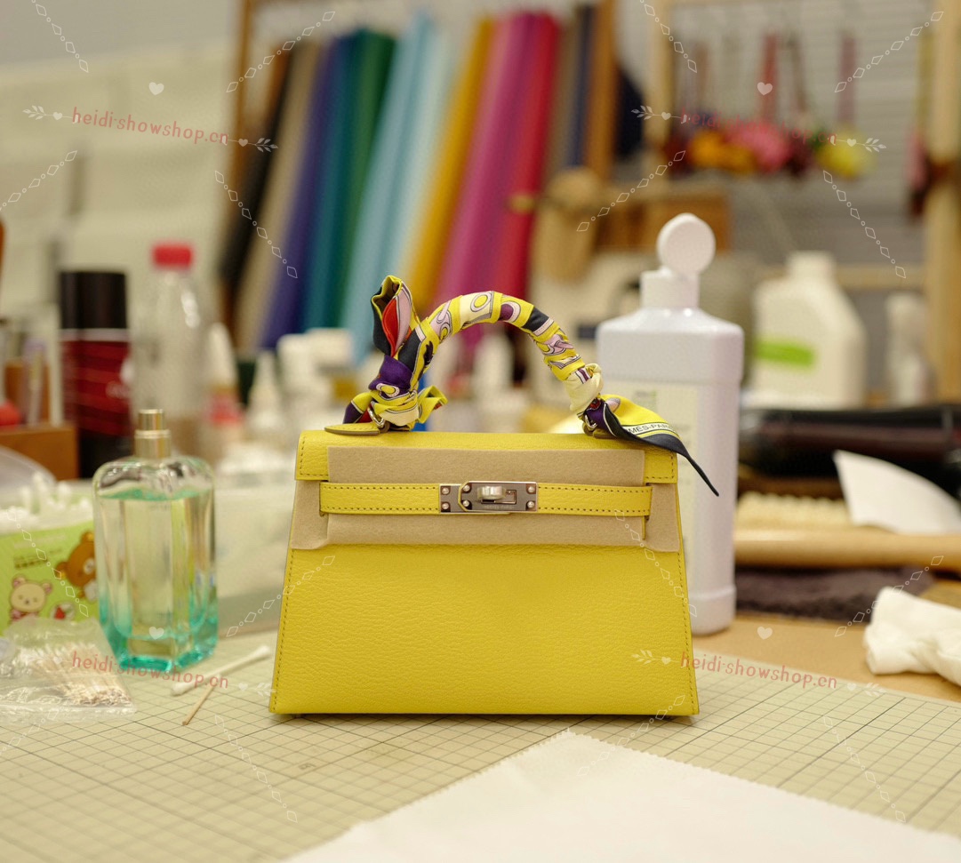 Hermes Kelly Bolsas Sacos de corpo cruzado & Ombro Amarelo Limão Hardware Prata Pele de cabra carneiro Mini