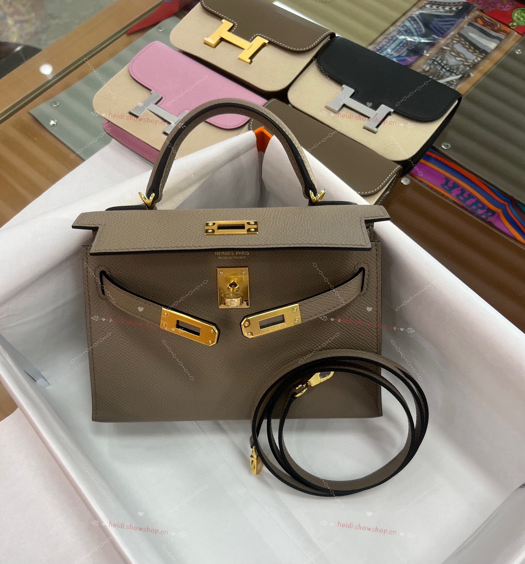 Hermes Kelly Bolsas Sacos de corpo cruzado & Ombro Cinzento Hardware Dourado Epsom Mini