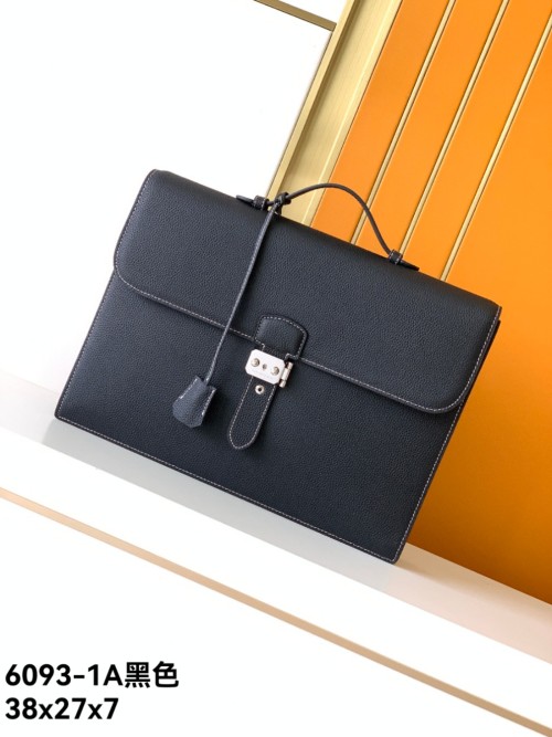 Hermes Men's Black Leather Briefcase, Top Handle, Business Bag